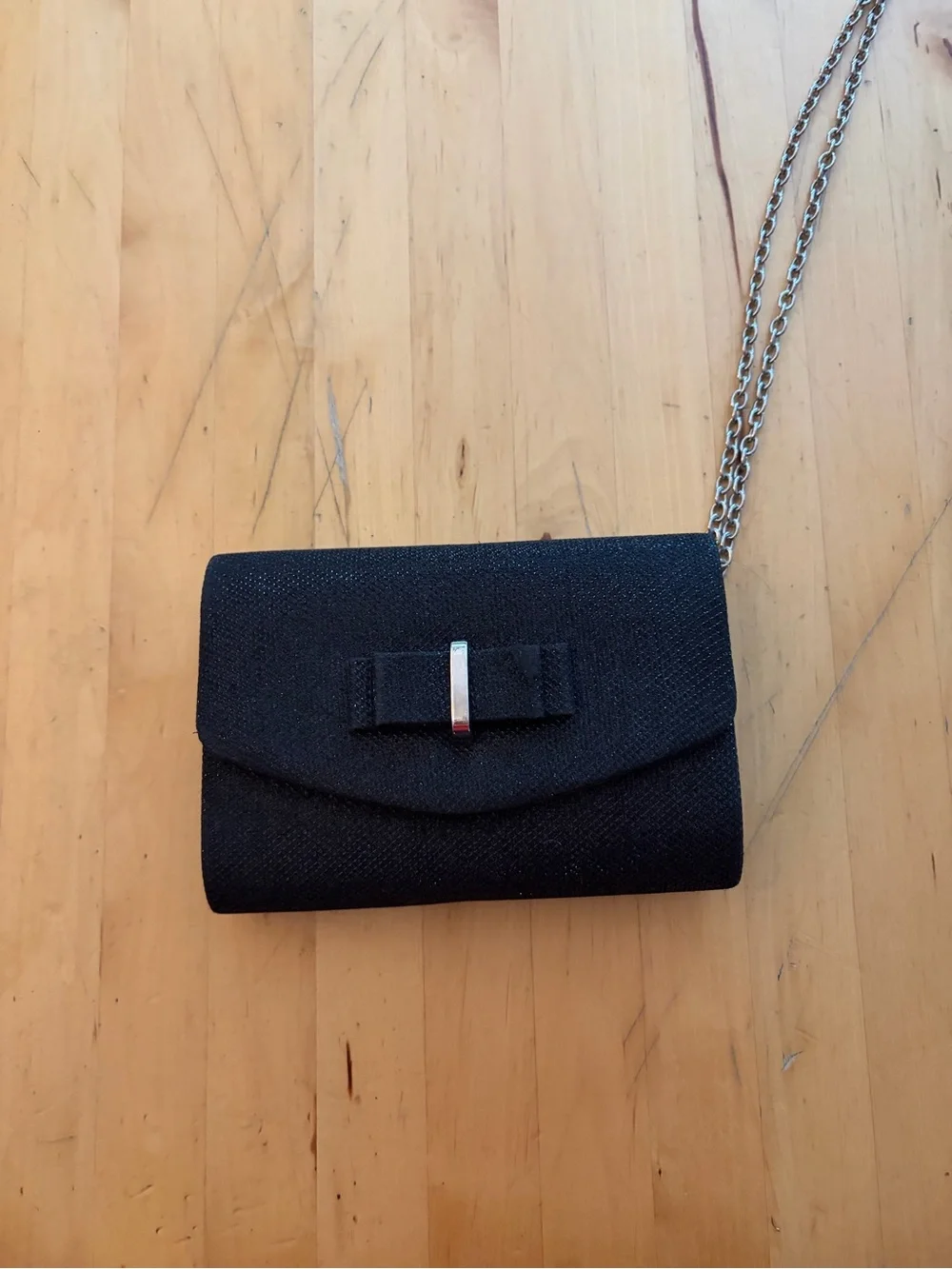 Gunne Sax Black Bow Crossbody Clutch with Silver Chain